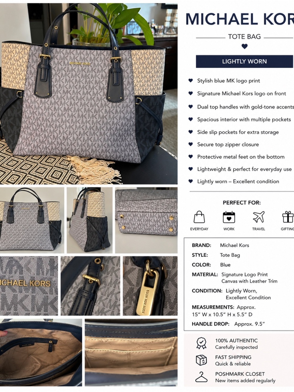 Michael Kors Navy and Tan Signature MK Tote with Gold Accents